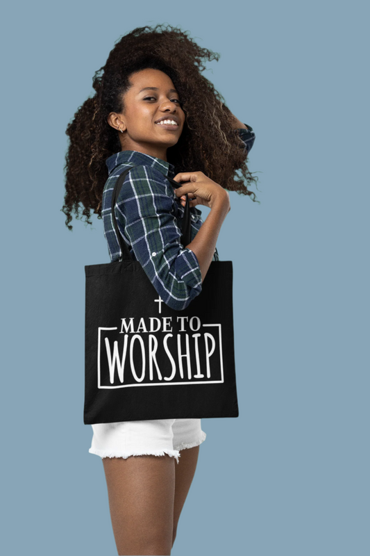 Made to Worship Christian tote bag with Black woman faith design